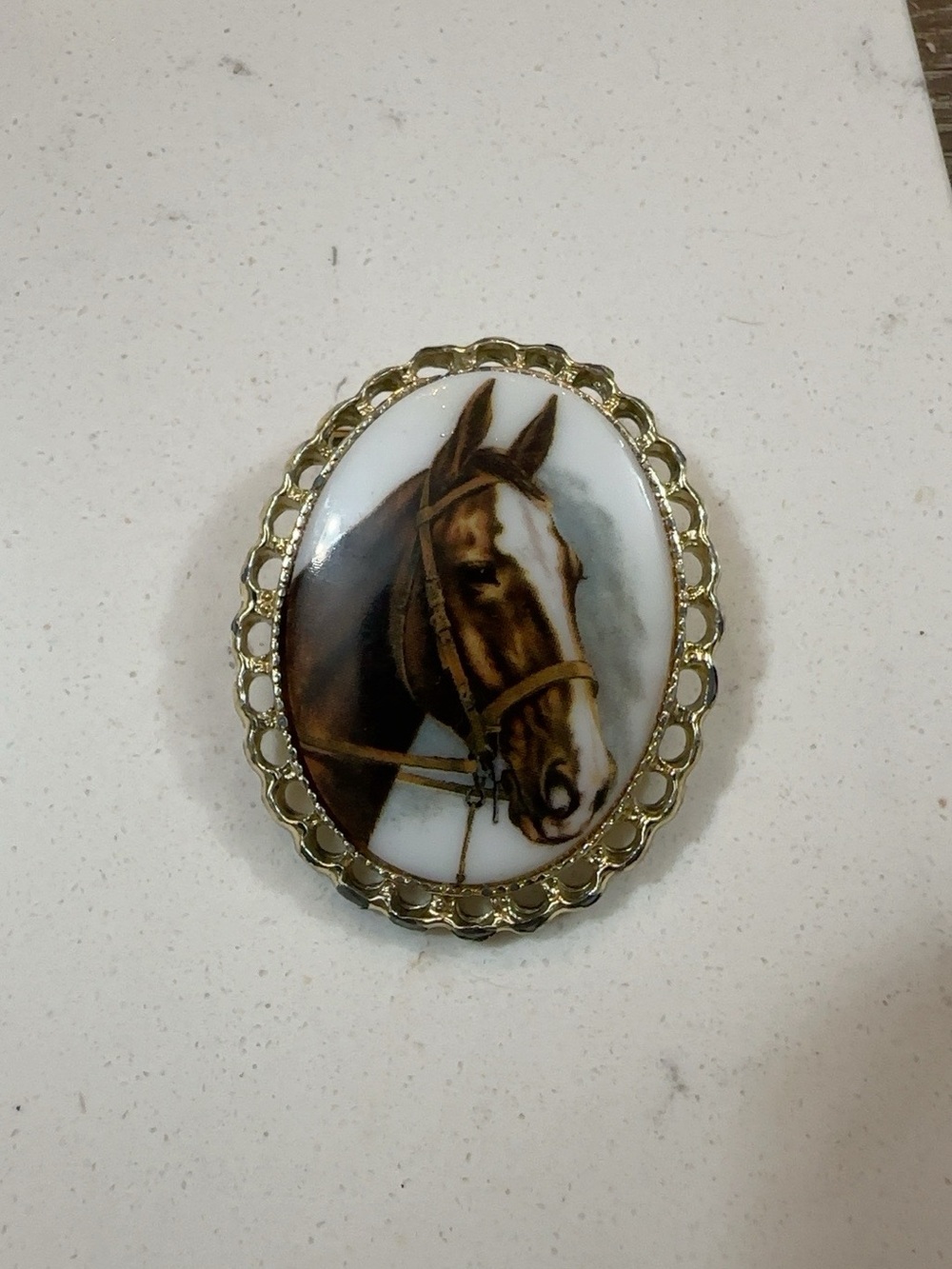 Gold-Tone Horse Portrait Brooch - Brown & White Horse